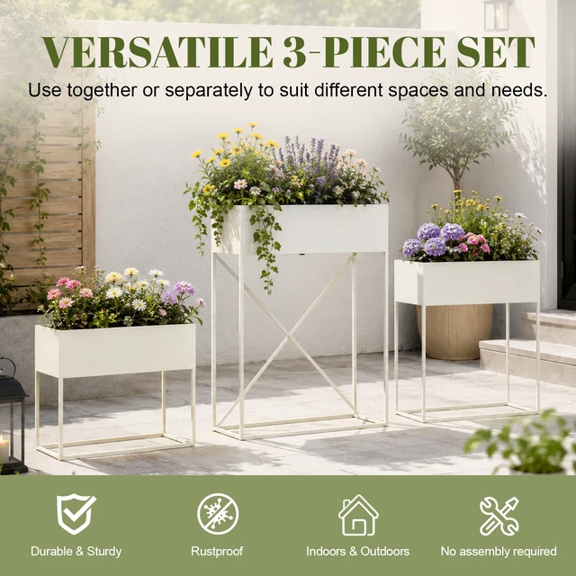 Alt view image 2 of 7 - Pack Pre Assembled Beige Metal Elevated Planter Stand with Non Woven Liner, Resistant Rectangular Raised Herb Flower