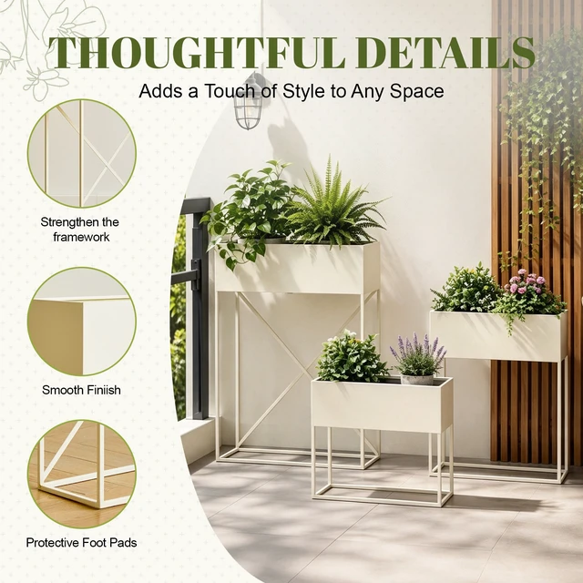 Alt view image 5 of 7 - Pack Pre Assembled Beige Metal Elevated Planter Stand with Non Woven Liner, Resistant Rectangular Raised Herb Flower