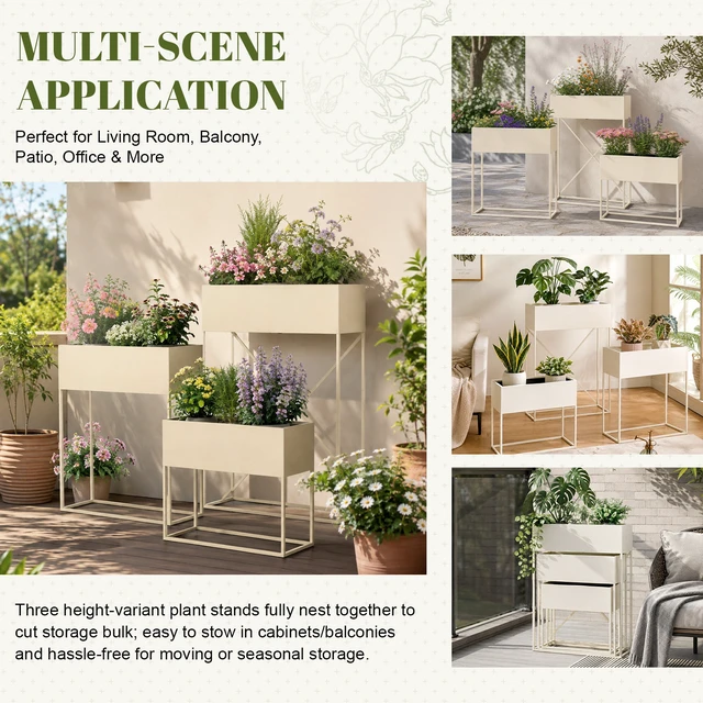 Alt view image 6 of 7 - Pack Pre Assembled Beige Metal Elevated Planter Stand with Non Woven Liner, Resistant Rectangular Raised Herb Flower