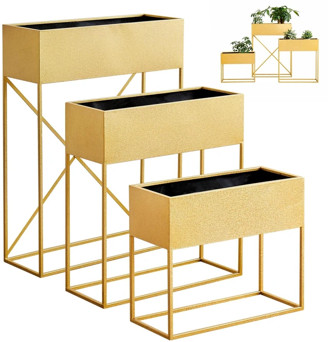 Main image of Pack Pre Assembled Gold Metal Elevated Planter Stand with Non Woven Liner, Resistant Rectangular Raised Herb Flower