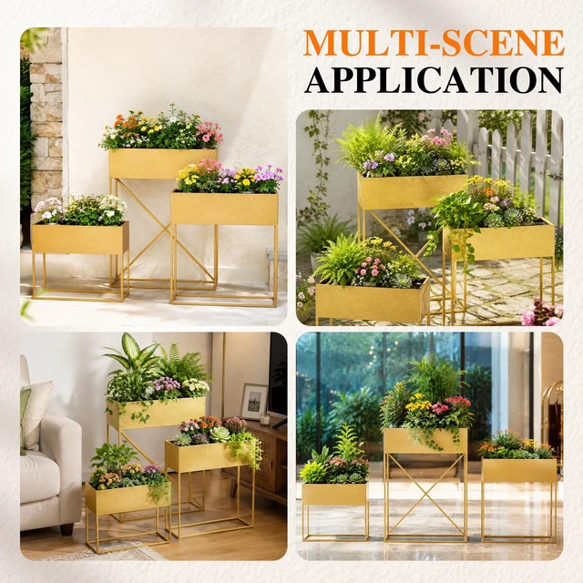 Alt view image 7 of 7 - Pack Pre Assembled Gold Metal Elevated Planter Stand with Non Woven Liner, Resistant Rectangular Raised Herb Flower