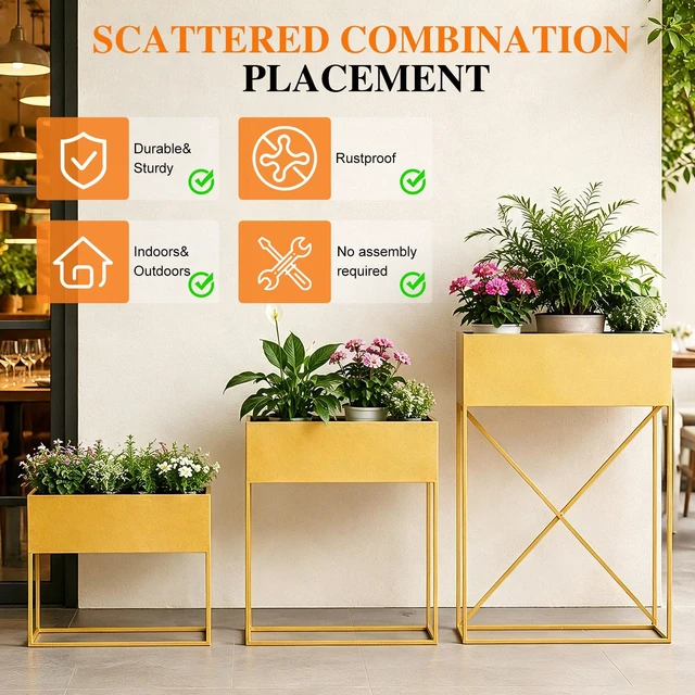 Alt view image 4 of 7 - Pack Pre Assembled Gold Metal Elevated Planter Stand with Non Woven Liner, Resistant Rectangular Raised Herb Flower