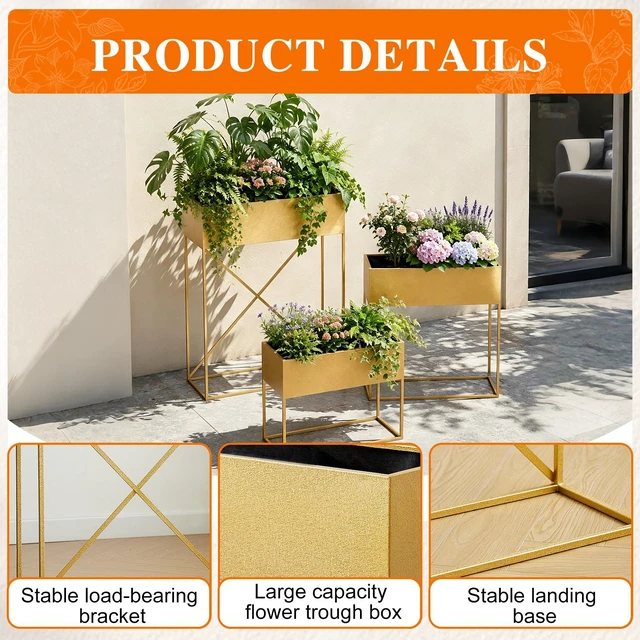 Alt view image 3 of 7 - Pack Pre Assembled Gold Metal Elevated Planter Stand with Non Woven Liner, Resistant Rectangular Raised Herb Flower