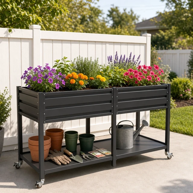 Alt view image 2 of 7 - 2 Tier Elevated Metal Wicking Garden Bed with Lockable Wheels and Storage Shelf, Staggered Self Watering Planter Built