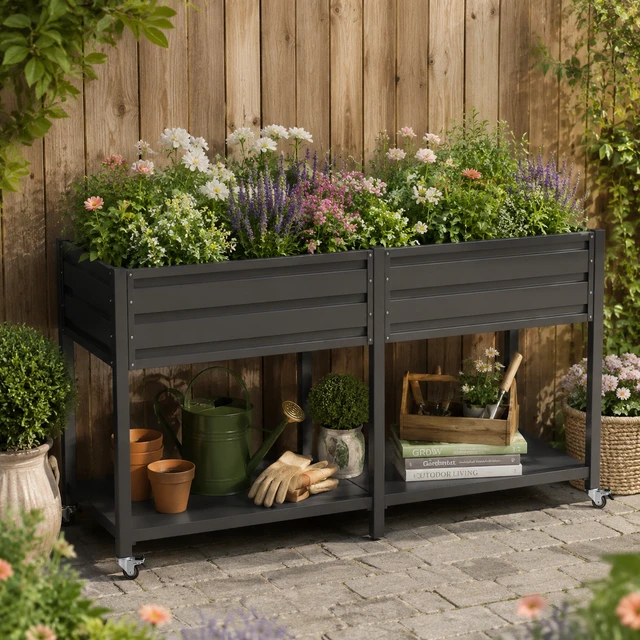 Alt view image 3 of 7 - 2 Tier Elevated Metal Wicking Garden Bed with Lockable Wheels and Storage Shelf, Staggered Self Watering Planter Built