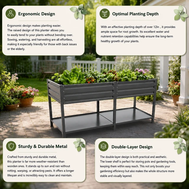 Alt view image 7 of 7 - 2 Tier Elevated Metal Wicking Garden Bed with Lockable Wheels and Storage Shelf, Staggered Self Watering Planter Built