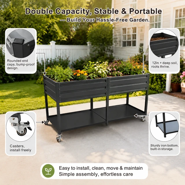 Alt view image 6 of 7 - 2 Tier Elevated Metal Wicking Garden Bed with Lockable Wheels and Storage Shelf, Staggered Self Watering Planter Built