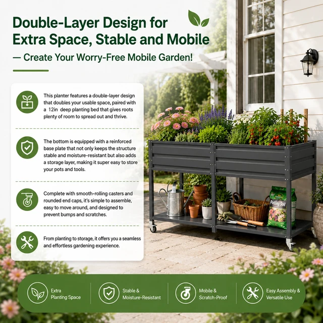 Alt view image 5 of 7 - 2 Tier Elevated Metal Wicking Garden Bed with Lockable Wheels and Storage Shelf, Staggered Self Watering Planter Built