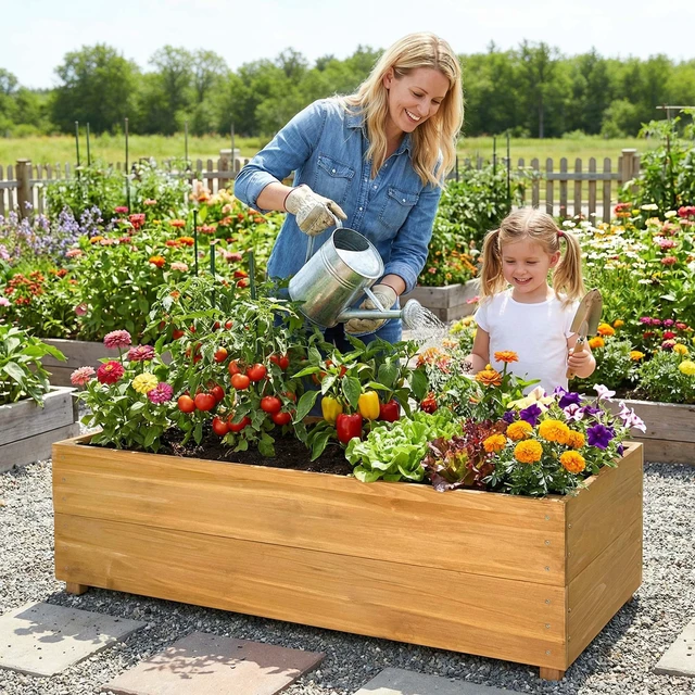 Alt view image 5 of 7 - Solid Fir Raised Garden Bed with Liner, Large Outdoor Planter Box for Vegetables and Herbs Thickened Panels Breathable