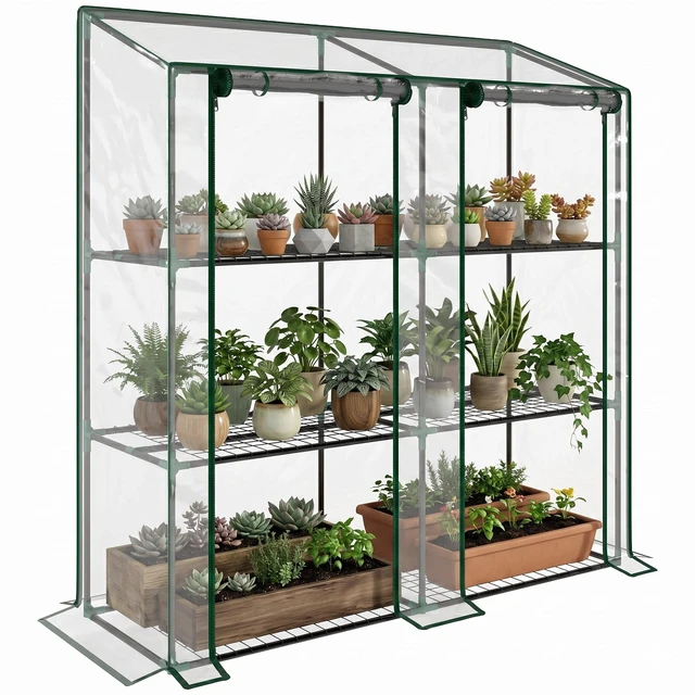 Main image of Lean Greenhouse with 3 Tier Shelves, Inchx 59.4 Inch Portable Small Greenhouse with Cover Roll Zippered Doors