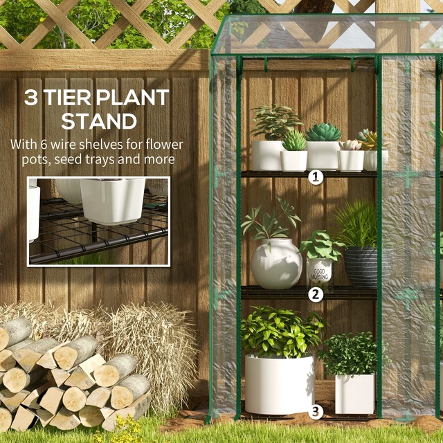 Alt view image 5 of 7 - Lean Greenhouse with 3 Tier Shelves, Inchx 59.4 Inch Portable Small Greenhouse with Cover Roll Zippered Doors