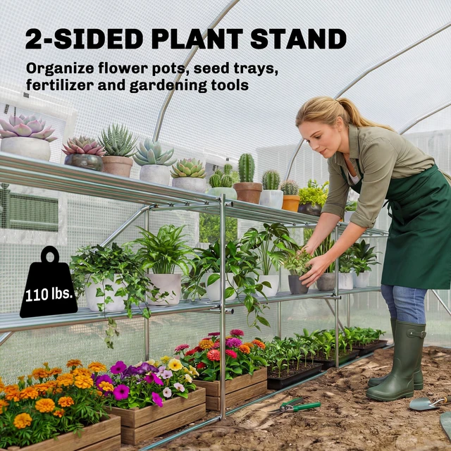 Alt view image 6 of 7 - 10 11 Walk in Tunnel Greenhouse with Shelves, Mesh Door and Windows Plant with Cover Outdoor for Patio Lawn Garden