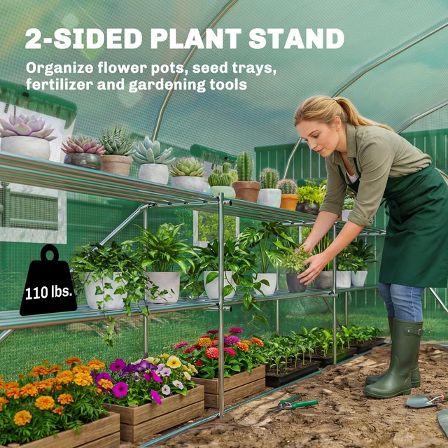 Alt view image 6 of 7 - 10 11 Walk in Tunnel Greenhouse with Shelves, Mesh Door and Windows Plant with Cover Outdoor for Patio Lawn Garden