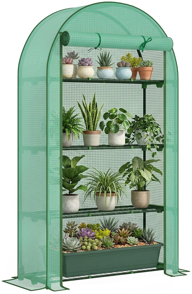 Main image of 4 Tier Mini Greenhouse, Inchx 63 Inch Portable Greenhouse with Roll Door and Cover for Garden, Grey Green, Steel