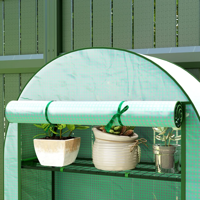 Alt view image 2 of 7 - 4 Tier Mini Greenhouse, Inchx 63 Inch Portable Greenhouse with Roll Door and Cover for Garden, Grey Green, Steel