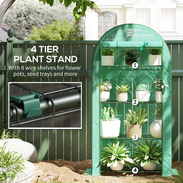 Alt view image 5 of 7 - 4 Tier Mini Greenhouse, Inchx 63 Inch Portable Greenhouse with Roll Door and Cover for Garden, Grey Green, Steel