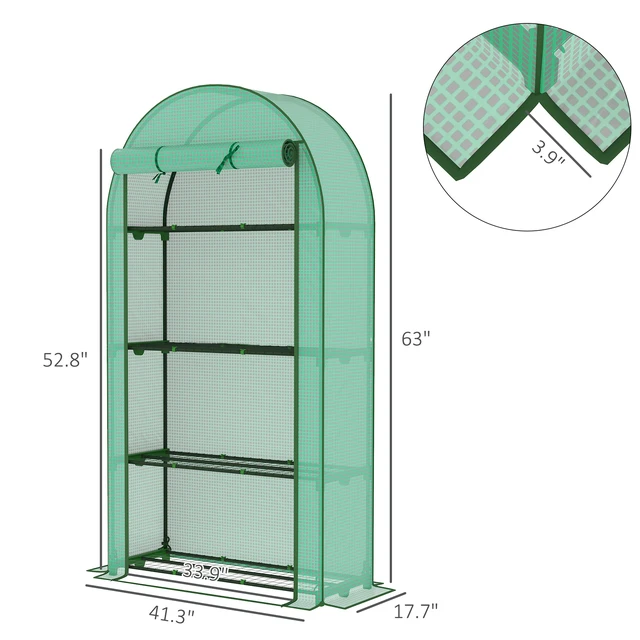 Alt view image 7 of 7 - 4 Tier Mini Greenhouse, Inchx 63 Inch Portable Greenhouse with Roll Door and Cover for Garden, Grey Green, Steel