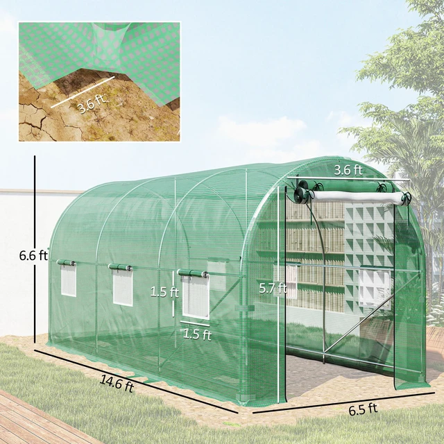 Alt view image 7 of 7 - 14.6 6.5 Hoop Greenhouse with Support Rods, Zippered Roll Mesh Door Mesh Windows Walk in Tunnel Greenhouse