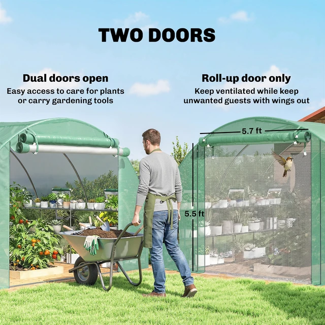 Alt view image 3 of 7 - 10 11 Walk in Tunnel Greenhouse with Shelves, Mesh Door and Windows Hoop Greenhouse with Cover Outdoor for Patio
