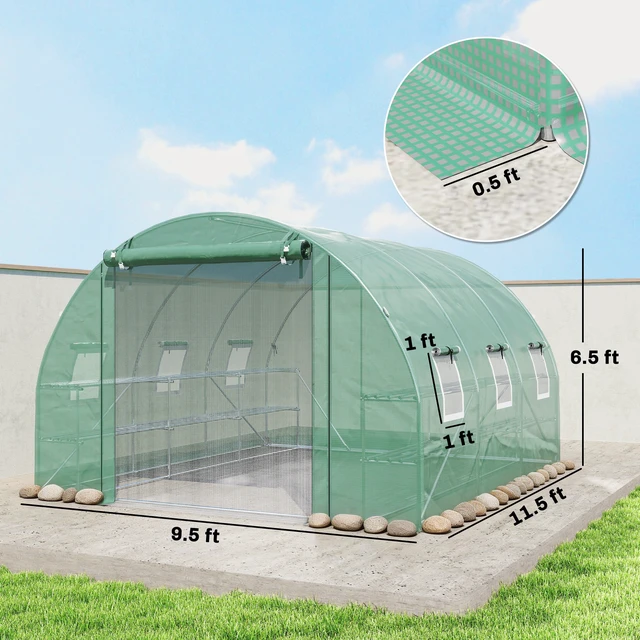 Alt view image 7 of 7 - 10 11 Walk in Tunnel Greenhouse with Shelves, Mesh Door and Windows Hoop Greenhouse with Cover Outdoor for Patio