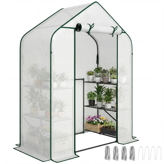 Main image of 4.7 2.3 Small Greenhouse, 3 Tiers 6 Shelves Portable Greenhouse with Resistant Cover Walk in with Roll Door, White