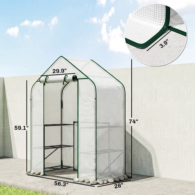 Alt view image 7 of 7 - 4.7 2.3 Small Greenhouse, 3 Tiers 6 Shelves Portable Greenhouse with Resistant Cover Walk in with Roll Door, White