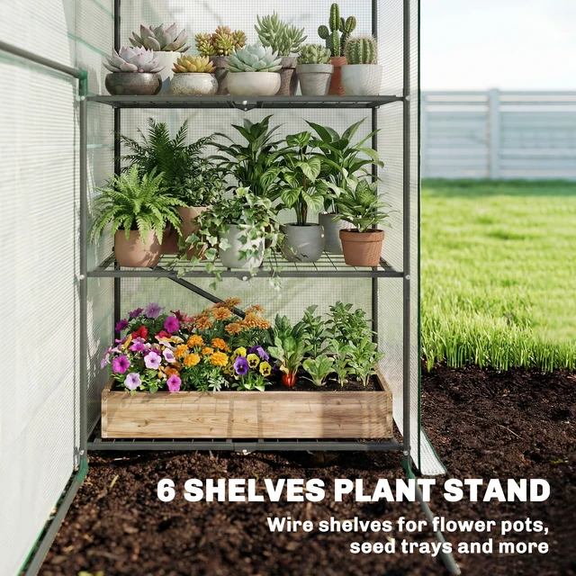 Alt view image 6 of 7 - 4.7 2.3 Small Greenhouse, 3 Tiers 6 Shelves Portable Greenhouse with Resistant Cover Walk in with Roll Door, White