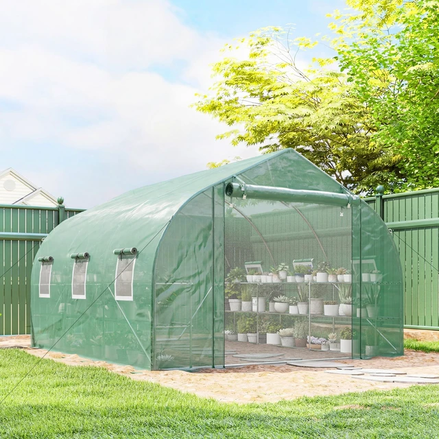 Alt view image 7 of 7 - 10 11 Walk in Tunnel Greenhouse with Shelves, Mesh Door and Windows Plant with Cover Outdoor for Patio Lawn Garden