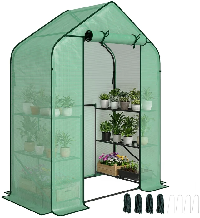 Main image of 4.7 2.3 Small Greenhouse, 3 Tiers 6 Shelves Portable Greenhouse with Resistant Cover Walk in with Roll Door, Grey