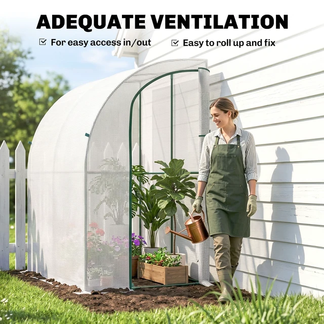 Alt view image 4 of 7 - 5 4 Outdoor Lean Greenhouse, Walk in Plant with Roll Window Cover, White, Steel