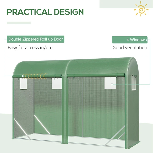 Alt view image 4 of 7 - 10 3 Walk in Lean Greenhouse, Steel Zipper Roll Windows and 2 Doors Protecting Cover for Growing Flowers Vegetables