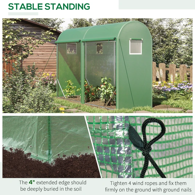 Alt view image 5 of 7 - 10 3 Walk in Lean Greenhouse, Steel Zipper Roll Windows and 2 Doors Protecting Cover for Growing Flowers Vegetables