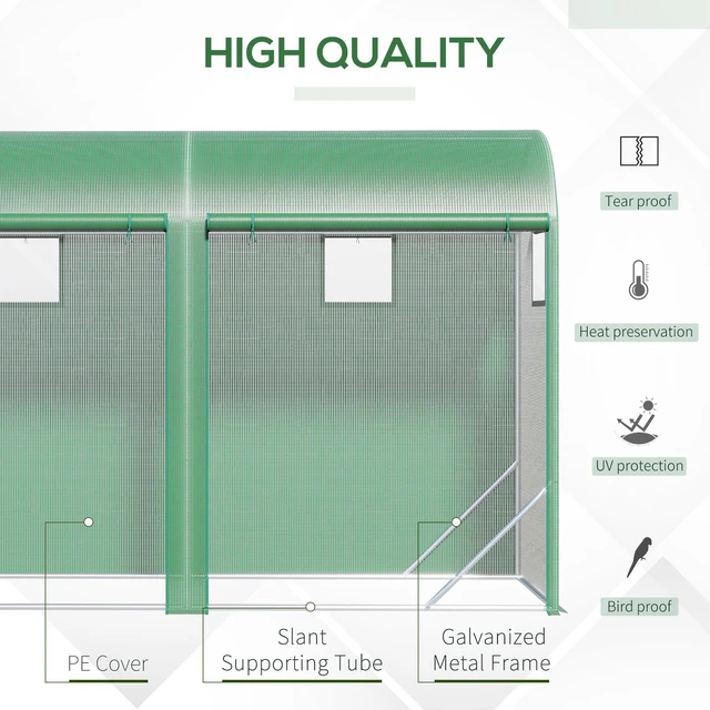 Alt view image 6 of 7 - 10 3 Walk in Lean Greenhouse, Steel Zipper Roll Windows and 2 Doors Protecting Cover for Growing Flowers Vegetables