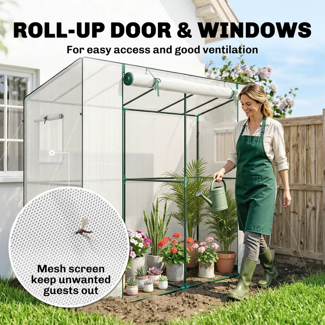 Alt view image 4 of 7 - 6.6 2.5 Lean Small Greenhouse, Portable Greenhouse with Resistant Cover Walk in with Roll Door and Mesh Windows