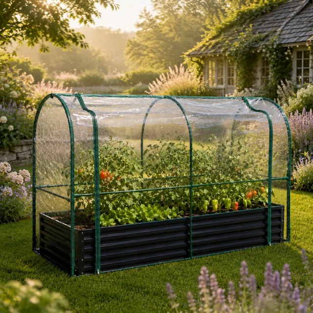 Alt view image 4 of 7 - Raised Garden Bed with PVC Mini Greenhouse Cover, 70.87×35.43 Inch Galvanized Metal Planter Box with Plant Protection