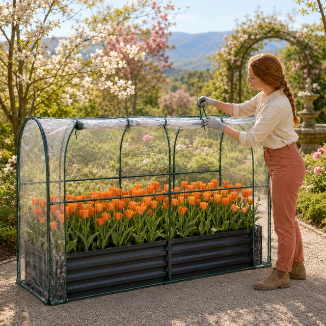 Alt view image 6 of 7 - Raised Garden Bed with PVC Mini Greenhouse Cover, 70.87×35.43 Inch Galvanized Metal Planter Box with Plant Protection