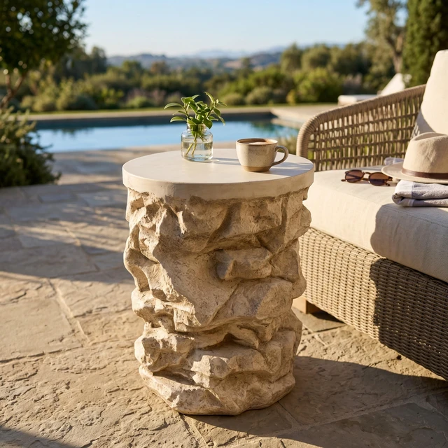 Main image of Round Faux Stacked Side Table, Pre Assembled Non Accent End Table Weight Capacity Indoor and Outdoor Stool for Patio