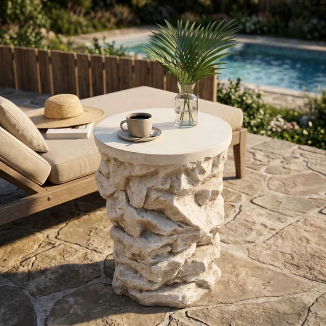 Alt view image 3 of 7 - Round Faux Stacked Side Table, Pre Assembled Non Accent End Table Weight Capacity Indoor and Outdoor Stool for Patio