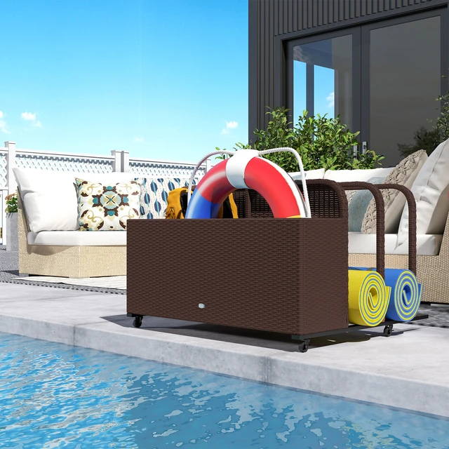 Alt view image 3 of 7 - Wicker Patio Pool Float Storage Basket, Rattan Outdoor Pool Caddy with Rolling Wheels for Floaties Noodles Life Vests