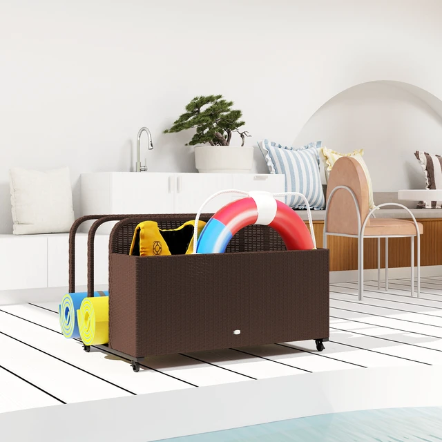 Alt view image 2 of 7 - Wicker Patio Pool Float Storage Basket, Rattan Outdoor Pool Caddy with Rolling Wheels for Floaties Noodles Life Vests