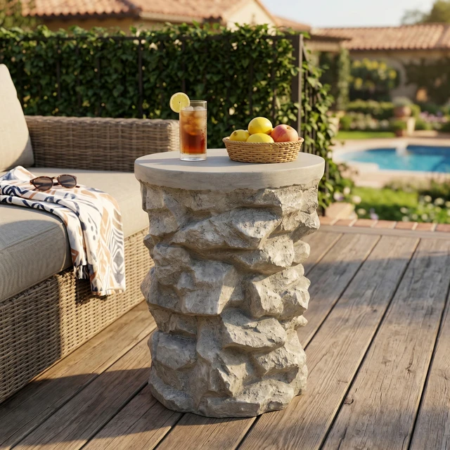 Main image of Round Faux Stacked Side Table, Pre Assembled Non Accent End Table Weight Capacity Indoor and Outdoor Stool for Patio