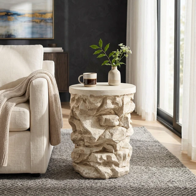 Alt view image 4 of 7 - Round Faux Stacked Side Table, Pre Assembled Non Accent End Table Weight Capacity Indoor and Outdoor Stool for Patio