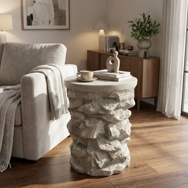 Alt view image 4 of 7 - Round Faux Stacked Side Table, Pre Assembled Non Accent End Table Weight Capacity Indoor and Outdoor Stool for Patio