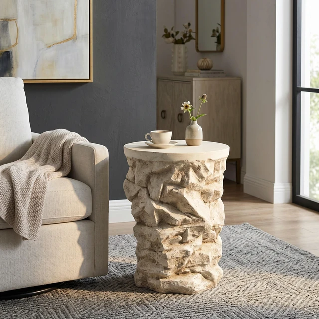 Alt view image 5 of 7 - Round Faux Stacked Side Table, Pre Assembled Non Accent End Table Weight Capacity Indoor and Outdoor Stool for Patio