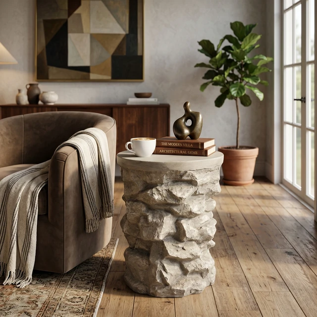 Alt view image 3 of 7 - Round Faux Stacked Side Table, Pre Assembled Non Accent End Table Weight Capacity Indoor and Outdoor Stool for Patio