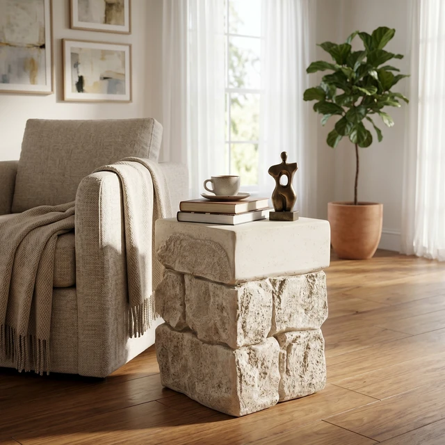 Alt view image 3 of 7 - Faux Stacked Side Table, Square Top Accent End Table Pre Assembled Non Weight Capacity Indoor Outdoor Stool for Patio