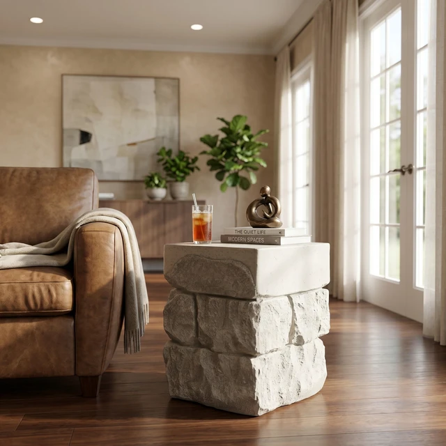 Alt view image 3 of 7 - Faux Stacked Side Table, Square Top Accent End Table Pre Assembled Non Weight Capacity Indoor Outdoor Stool for Patio