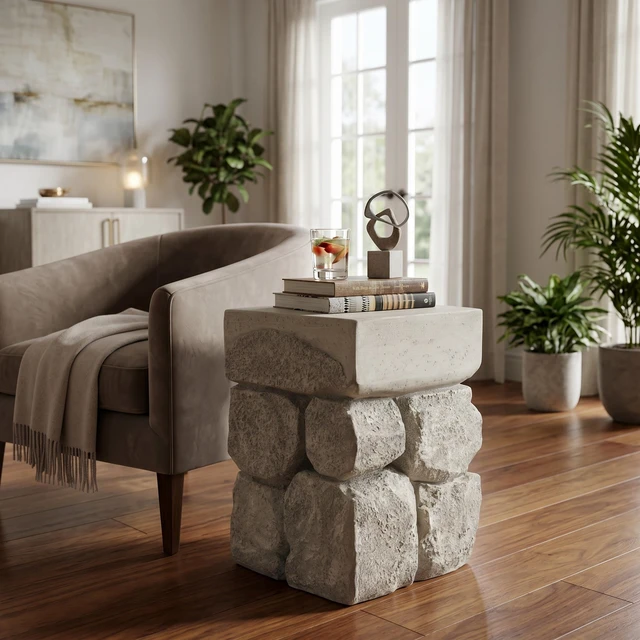 Alt view image 4 of 7 - Faux Stacked Side Table, Square Top Accent End Table Pre Assembled Non Weight Capacity Indoor Outdoor Stool for Patio