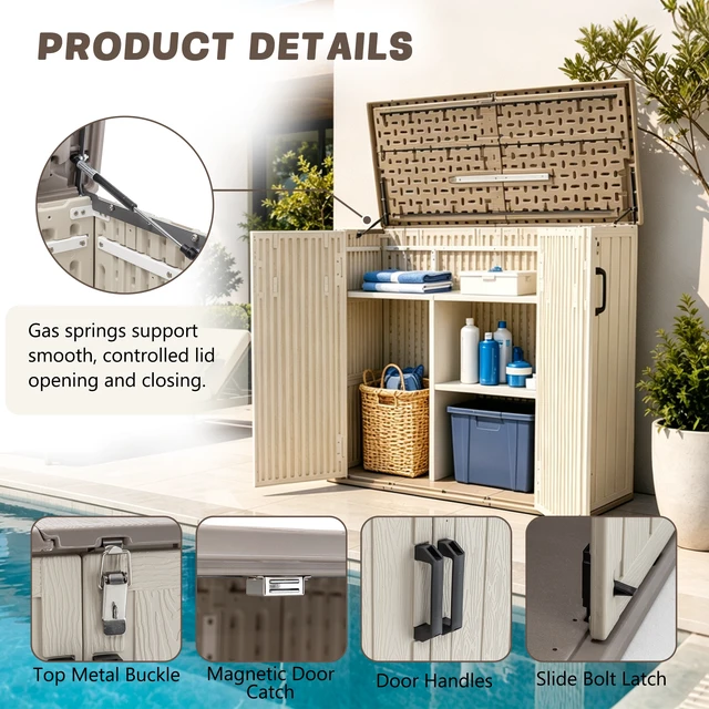 Alt view image 7 of 7 - Inchx 47.24 Inch Outdoor Storage Box with Divider, Weatherproof Resin Deck Box with Gas Spring Lid Waterproof