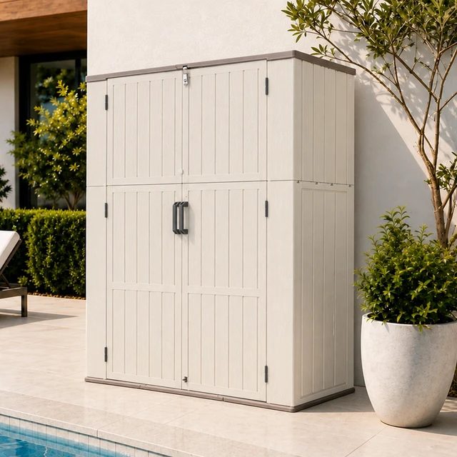 Main image of Inchx 69.6 Inch Double Layer Outdoor Storage Box, Weatherproof Resin Deck Box with Wall Securing Design